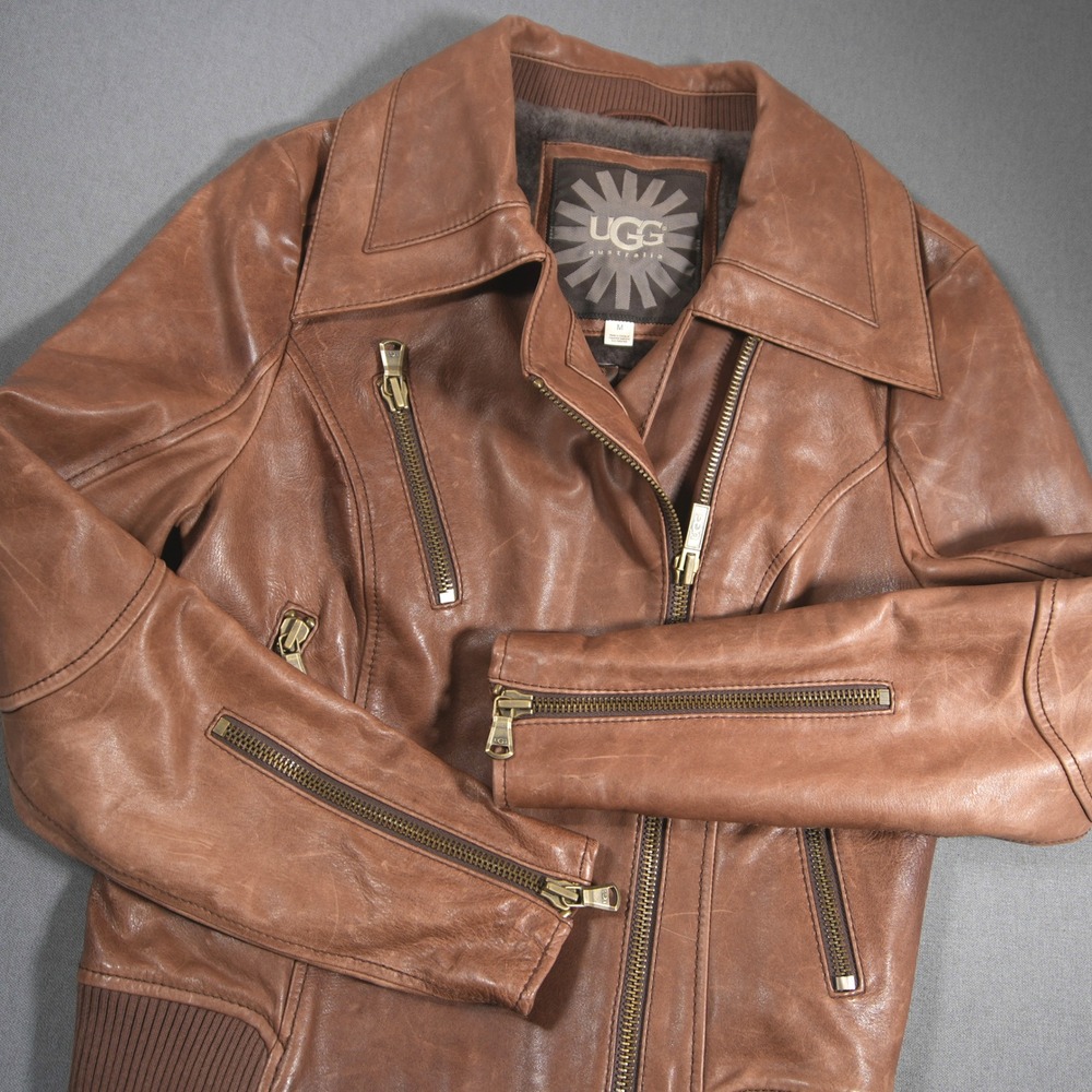 UGG Moto Biker Australia Lamb Leather Women Jacket M Brown 70s Retro Soft